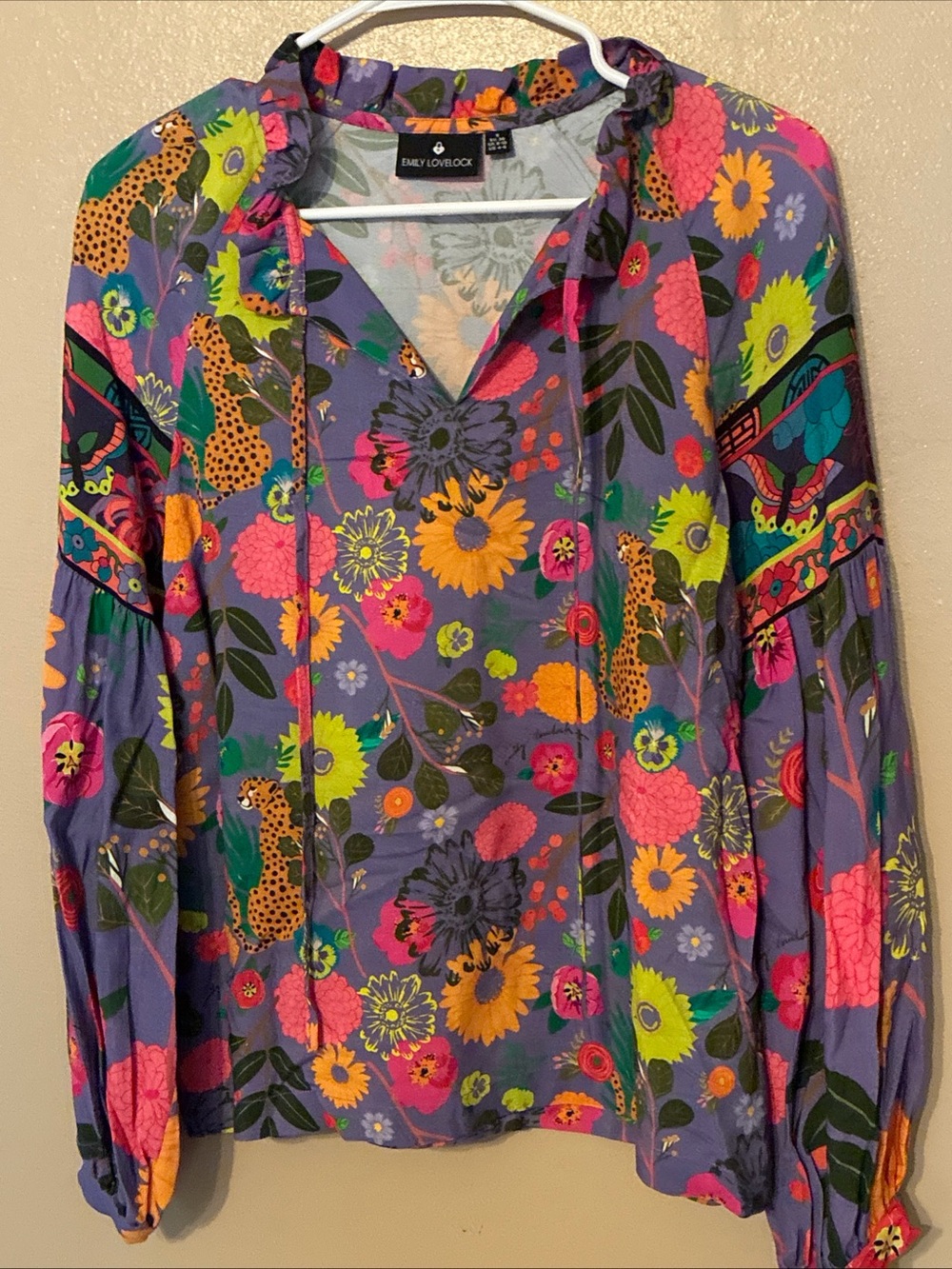 Emily Lovelock Purple Floral Long Sleeve Top With Leopards & Butterflies Size S